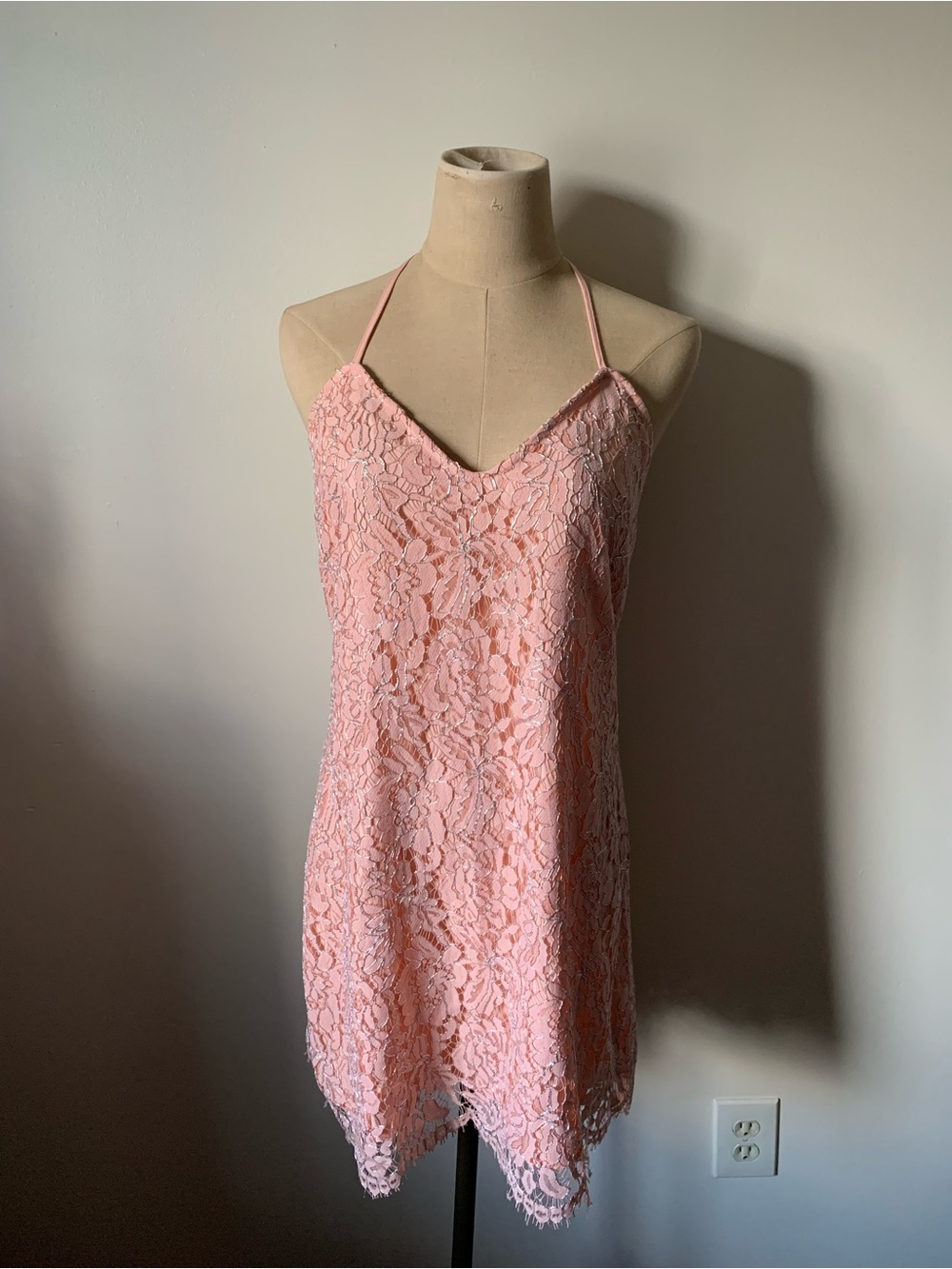 NBD Blush Pink Lace Halter Slip w/ Metallic Detail